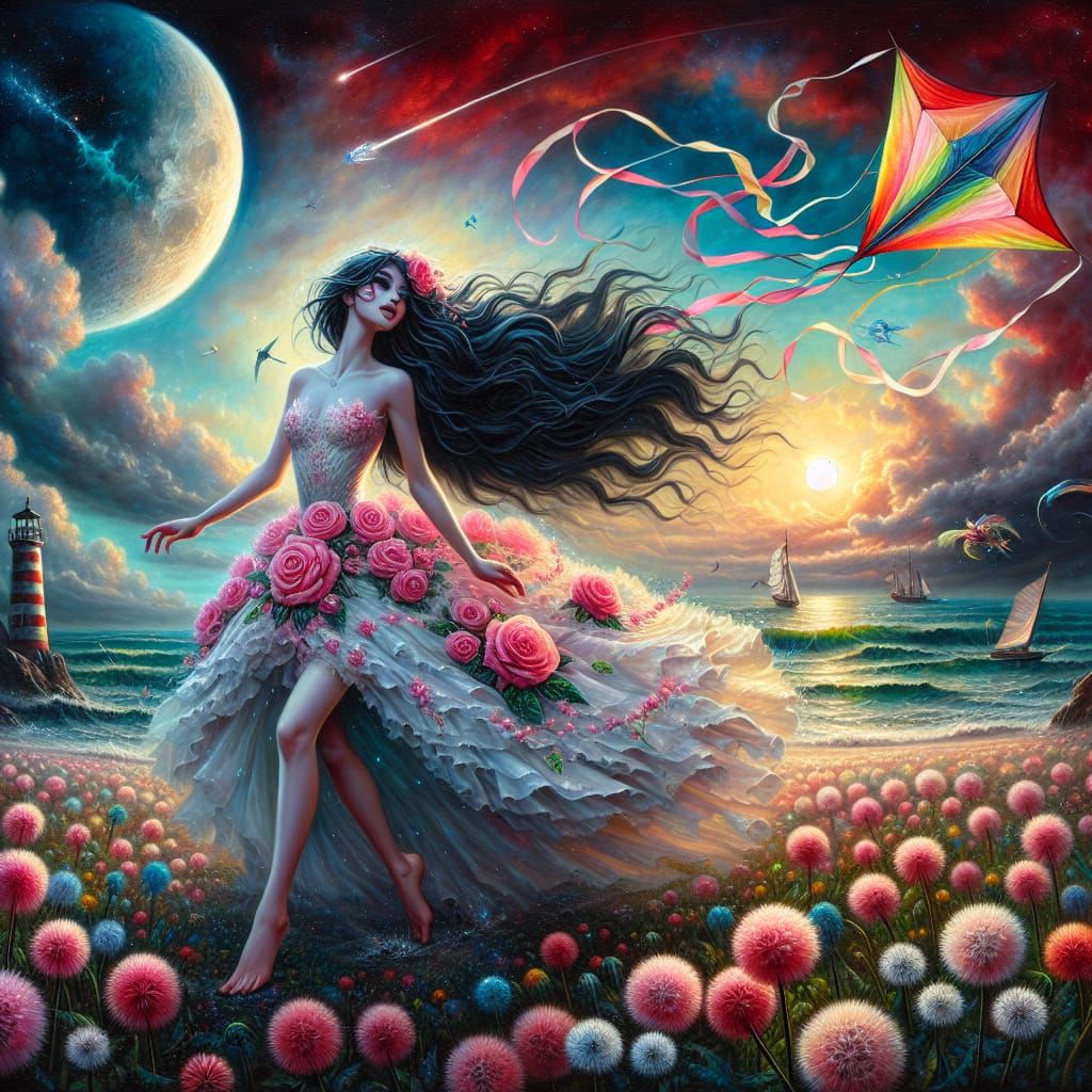 Enchanting Fairy Chasing Kite in Surreal Landscape