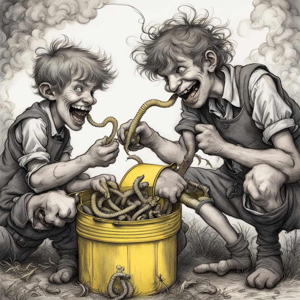 two brothers eating worms from a yellow can