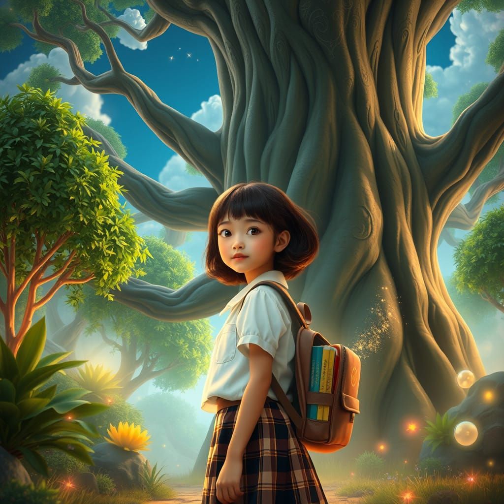 Enchanted School Girl Stands Before Ancient Tree in Whimsica...