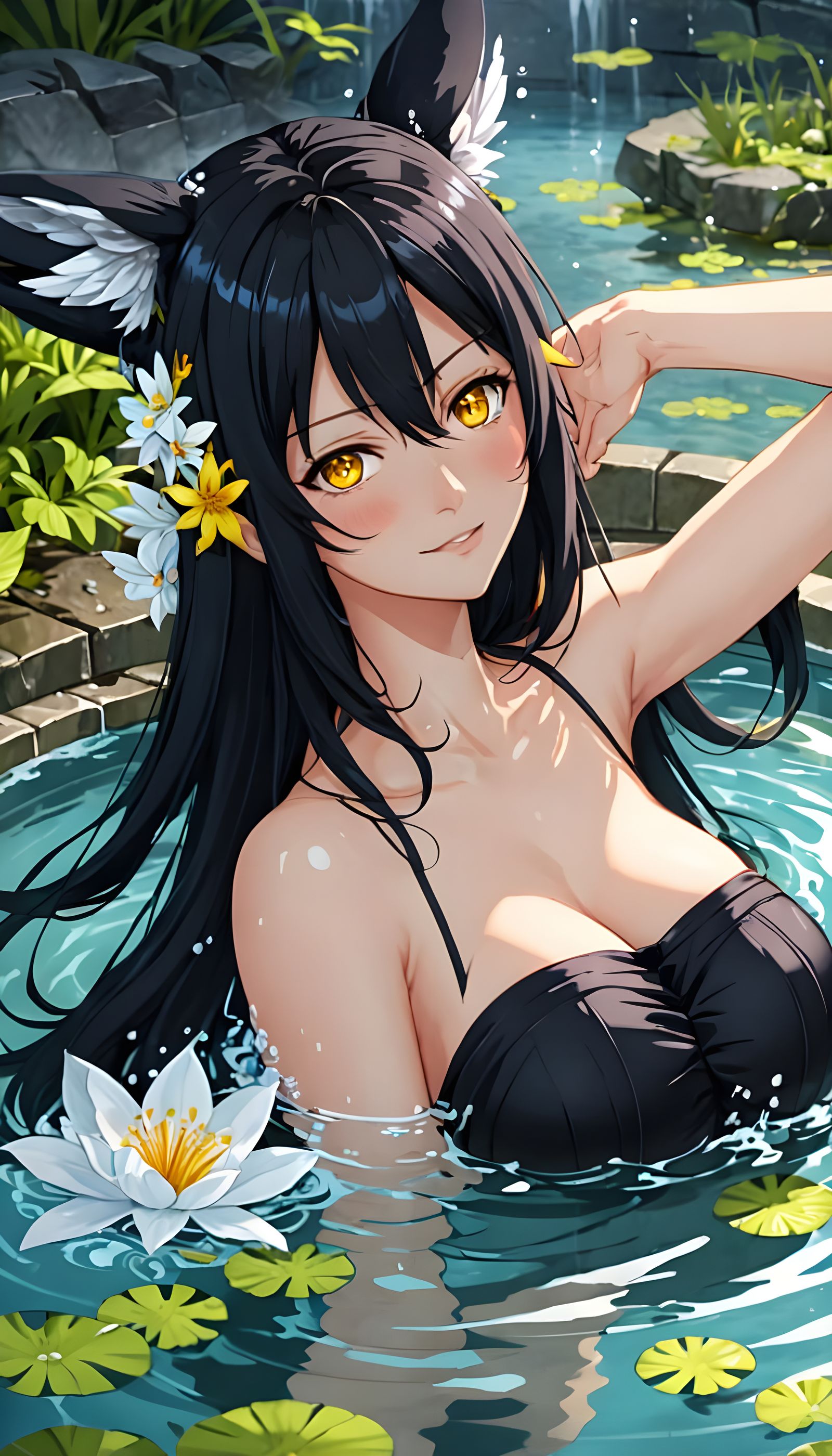 Anime Girl with Black Hair in Hot Spring