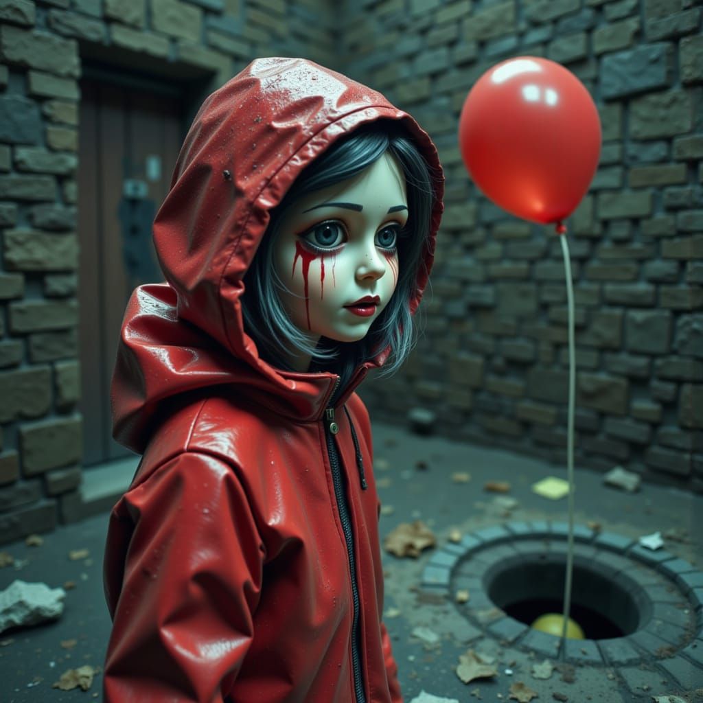 Haunted Doll Woman with Button Eyes and Red Balloon