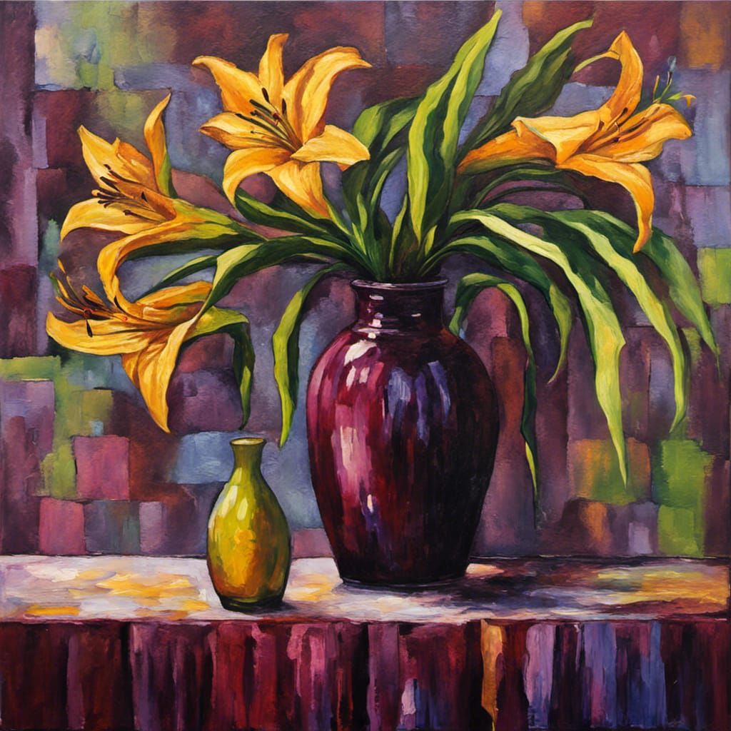 Day Lilies in Vase: Neo-Impressionist Oil Painting