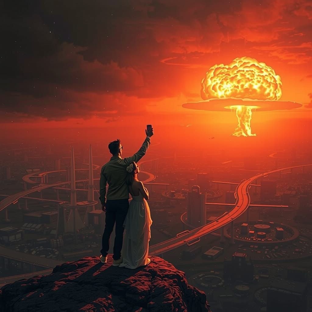 Vibrant Post-Apocalyptic Couple Takes a Selfie Amidst a Dist...