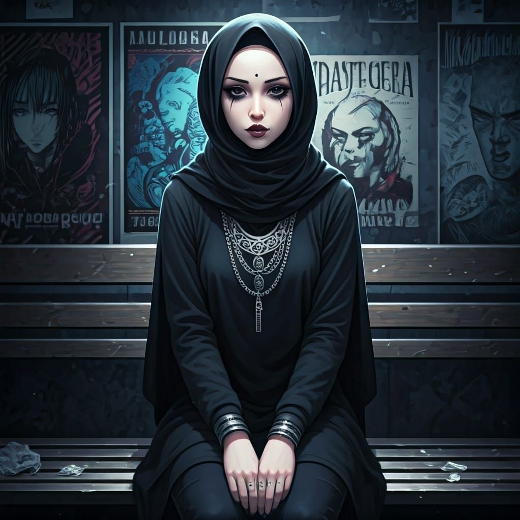 Goth Girl in Hijab with Manga Scan Texture