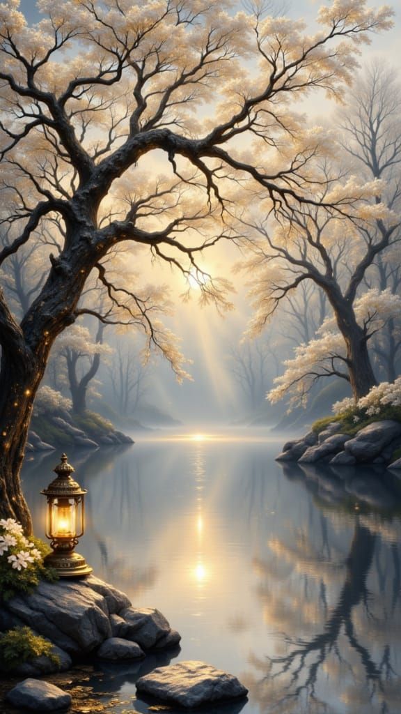 Misty Lakeside Scene with Flowering Tree and Lantern