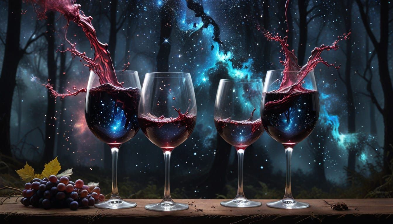 Cosmic Wine: Starry Nightfall in a Dark Silk Forest