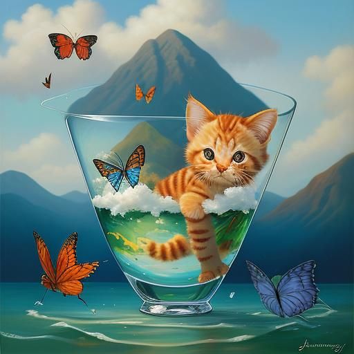 Ginger Kitten in Glass with Butterflies: Oil Painting