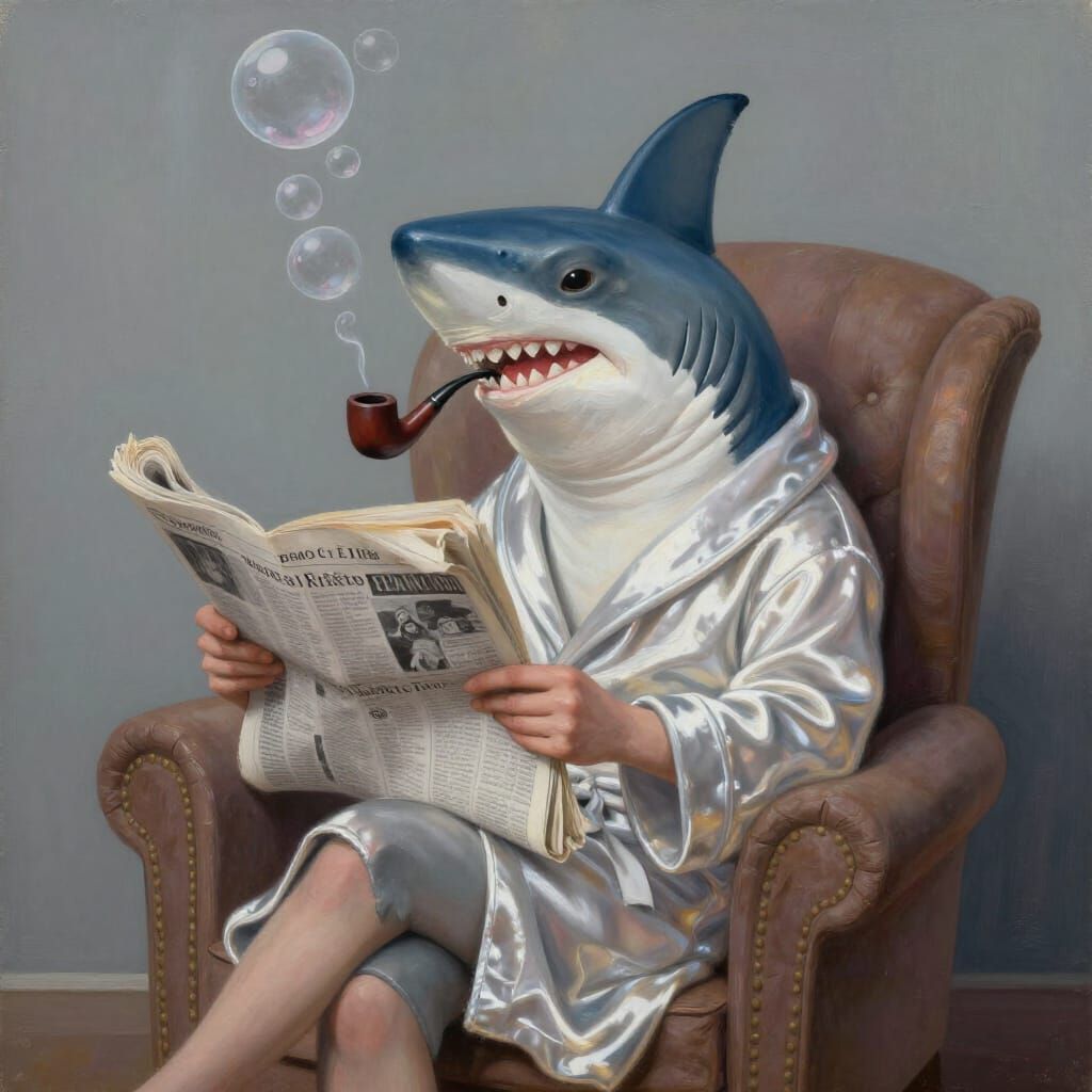 Whimsical Shark Smokes Pipe in Armchair