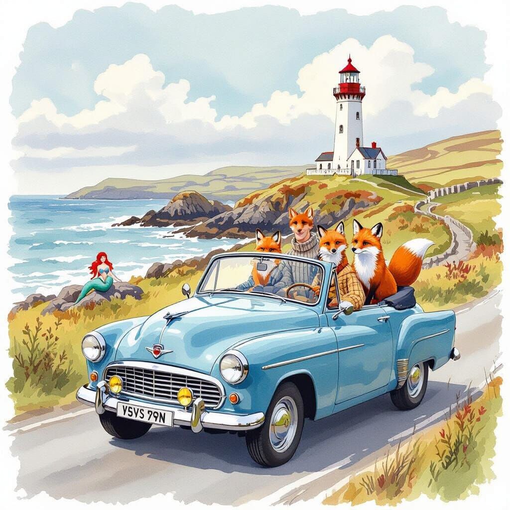 Vintage Car and Foxes in Watercolour Countryside
