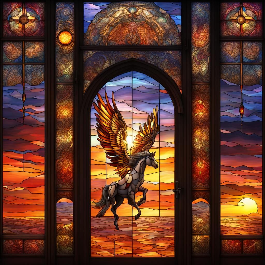 Pegasus Sunset in Stained-Glass Doorway: Digital Painting
