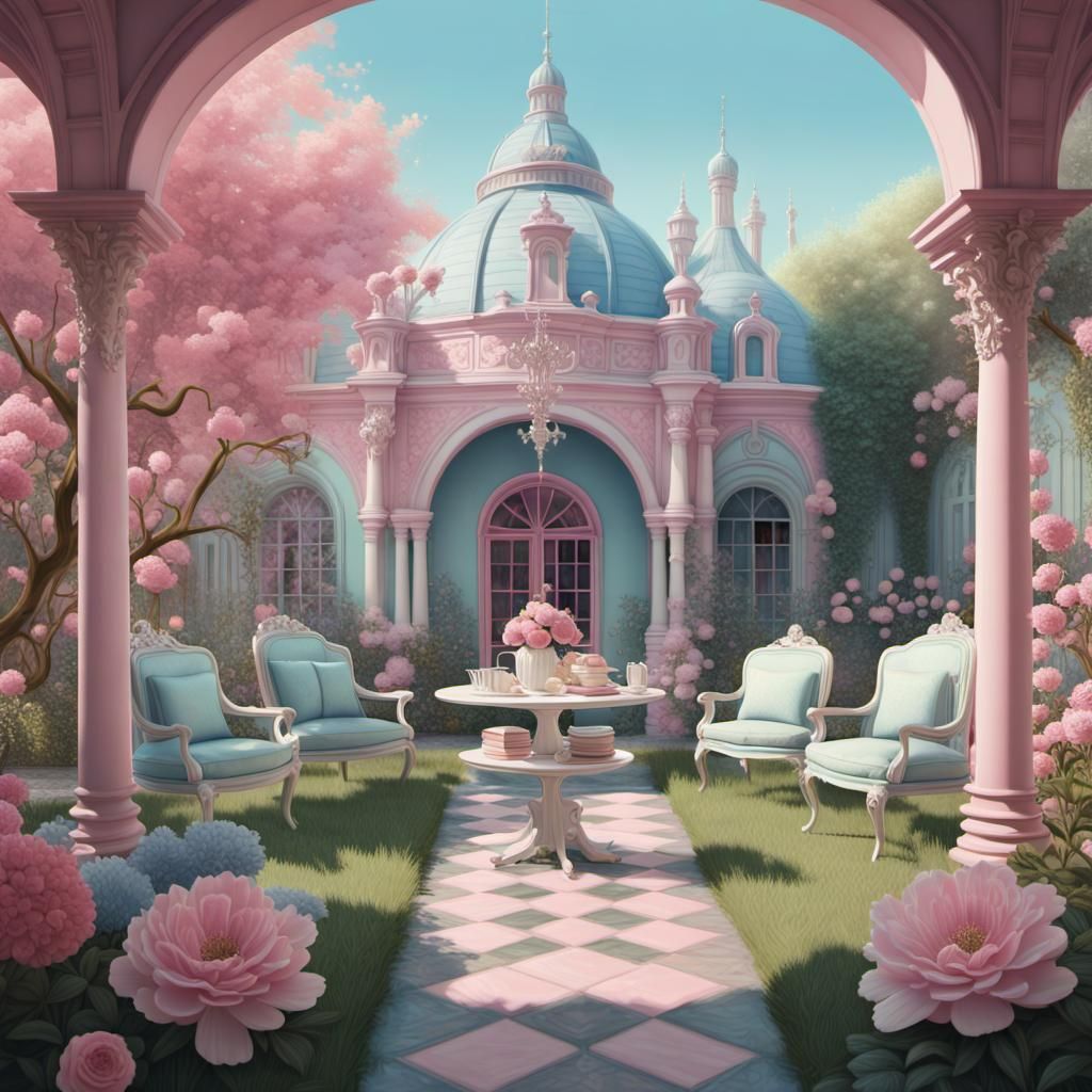 Pastel Garden Tea Party in Gouache Style