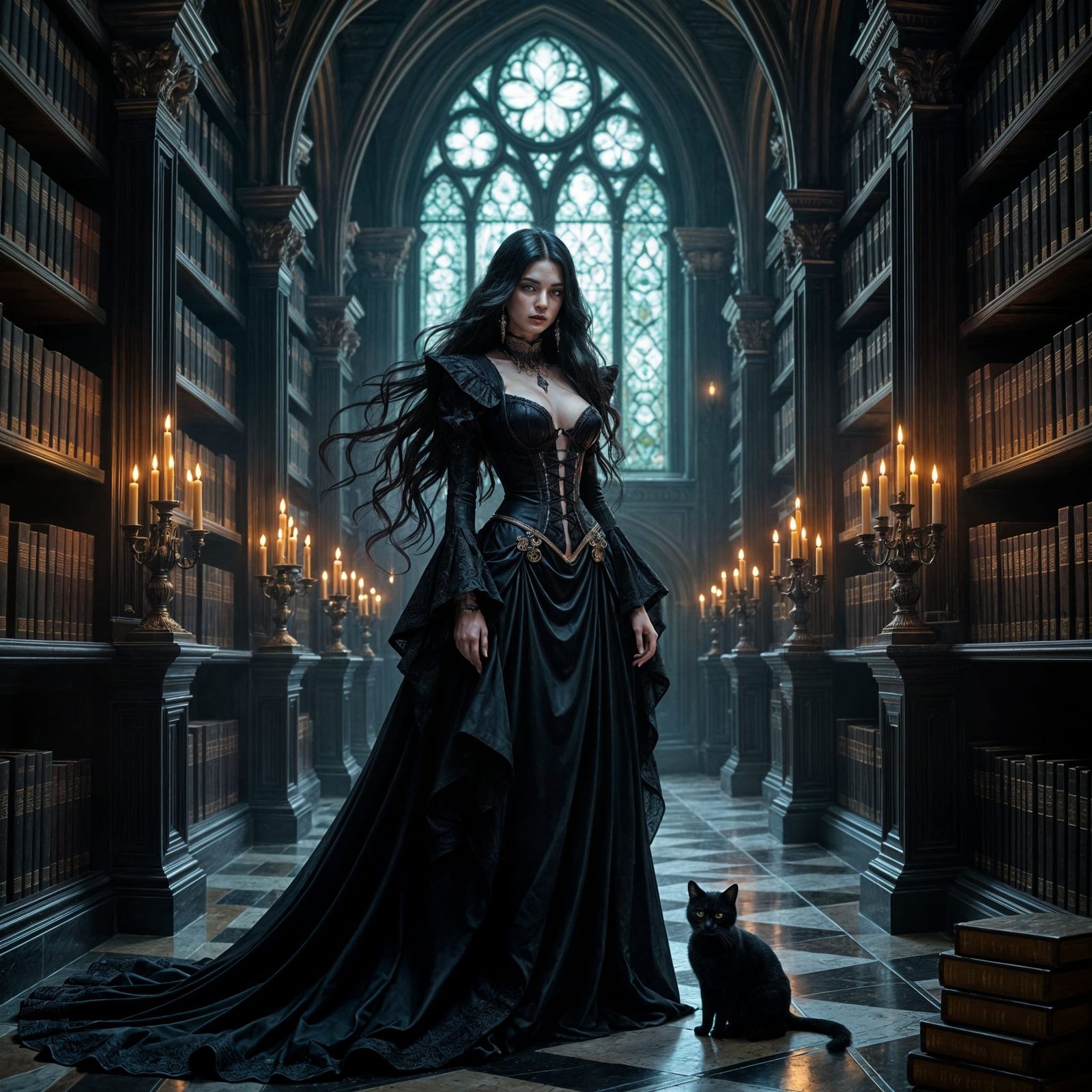Gothic Enchantress in Library, Dark Fantasy Art