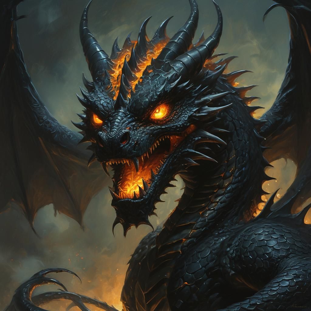 Ferocious Black Dragon with Glowing Eyes, as Oil Painting