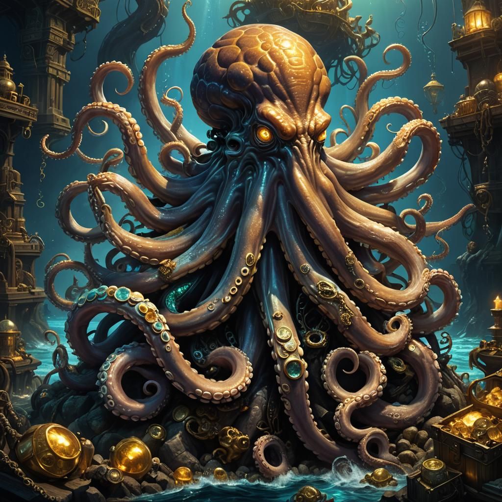 Giant Bioluminescent Octopus Guarding Treasure