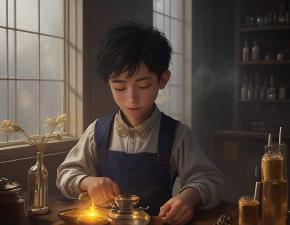 Child Alchemist Makes Cheerful Potions in Ethereal Mist