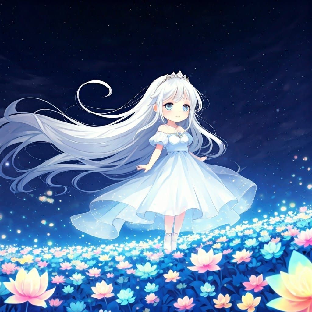 Glowing Princess Floats in Rainbow Flower Field: Anime Style