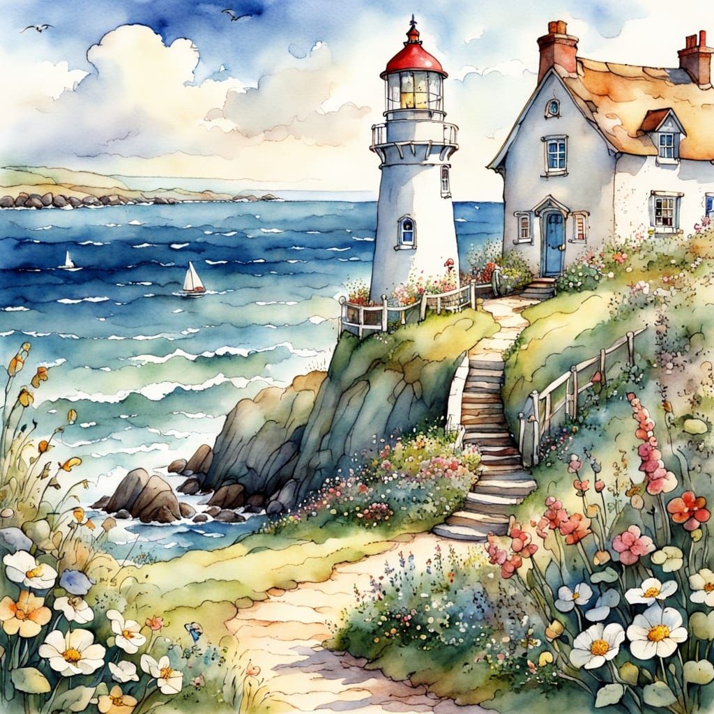 Whimsical Lighthouse by the Sea in Watercolour Style