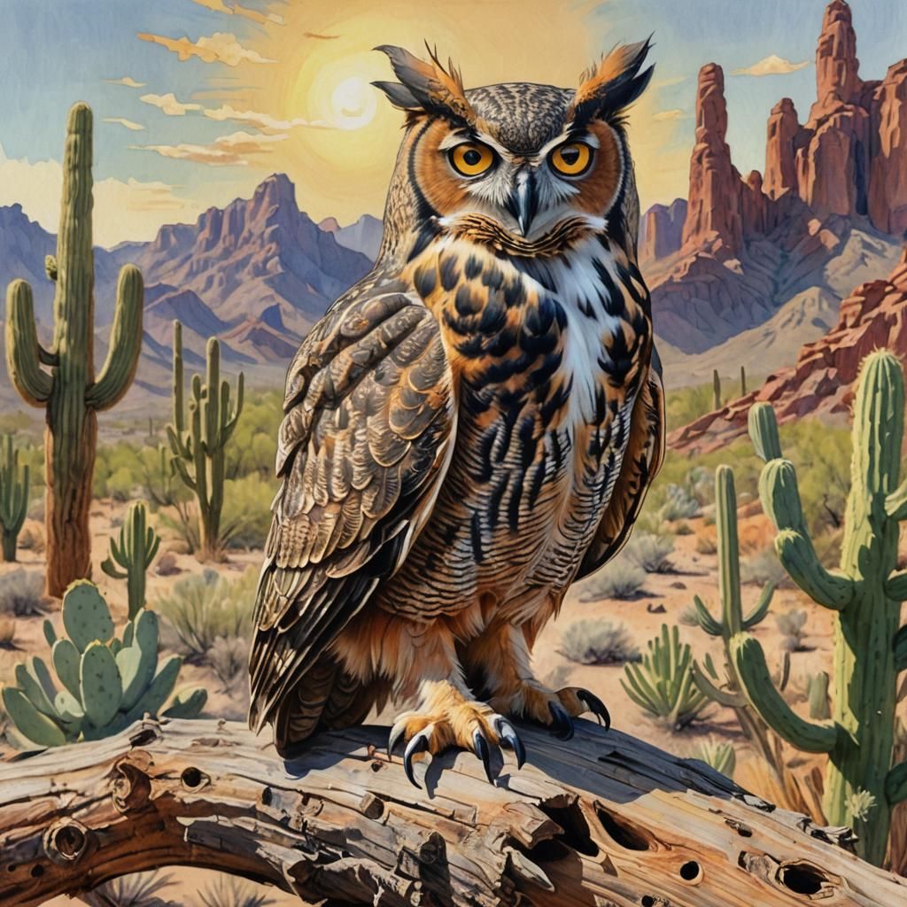 Great Horned Owl in Gouache and Watercolor Style
