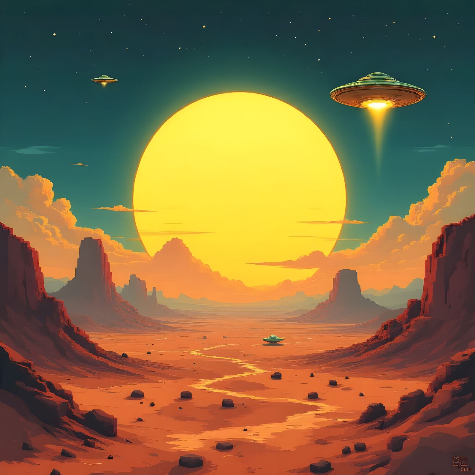 Retro-Futuristic Pixel Art Sunset with Flying Saucer