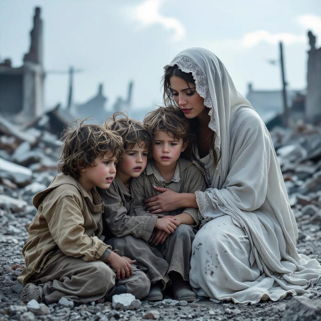 Consoling Angel in War-Torn Apocalypse, Realistic Style