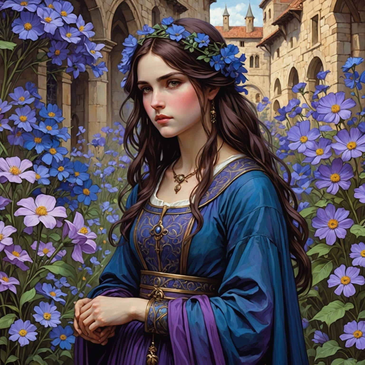 Medieval Garden in Anime Style Inspired by Waterhouse