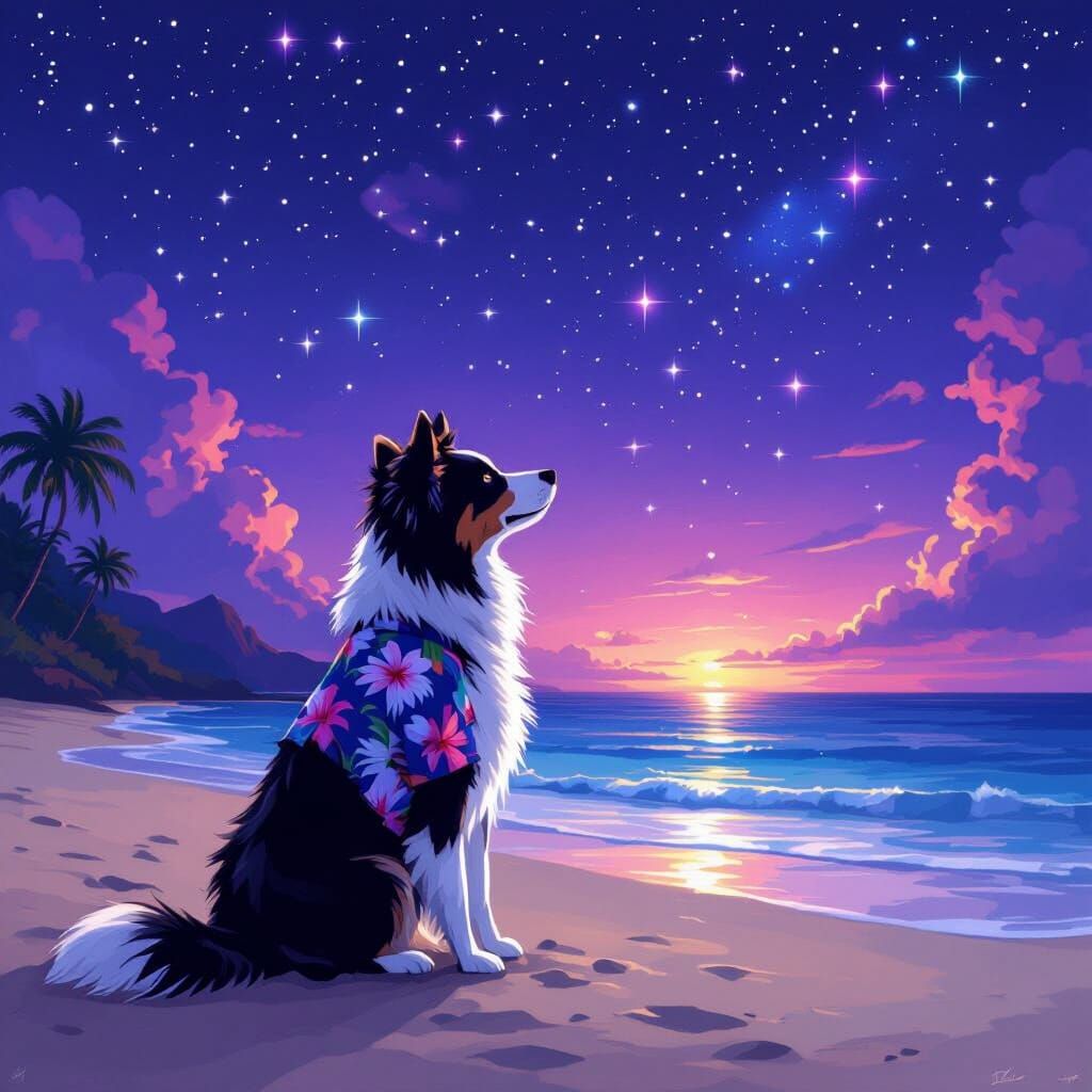 Border Collie Stargazing on Tropical Beach at Night