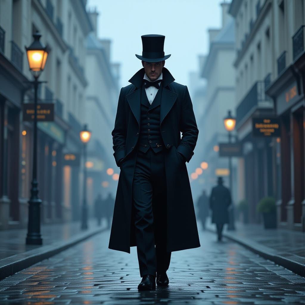 Inspector Javert in Noir Parisian Street Scene