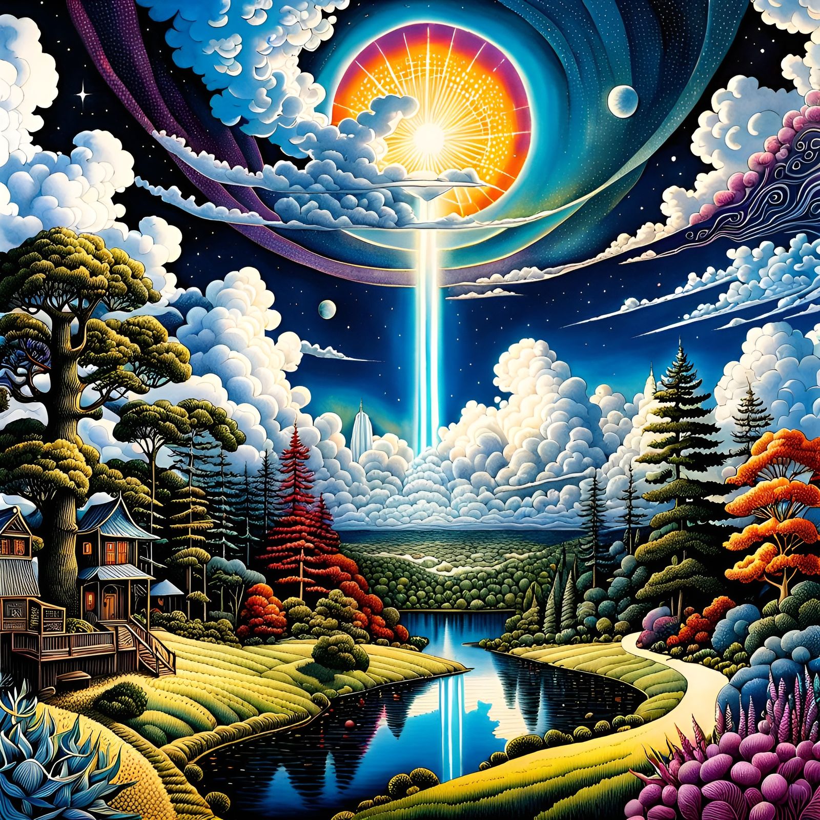 Utopian Cityscape in Pen and Ink Style