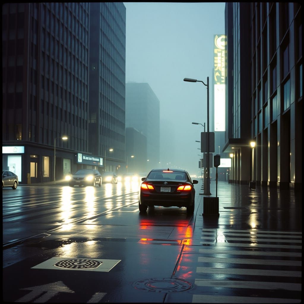Moody Rainy Cityscape with Cinematic Lighting