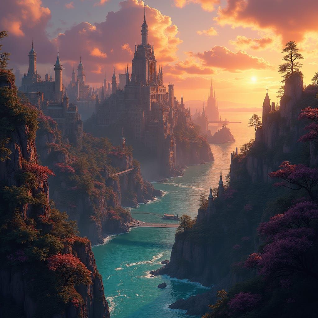 Pirate Metropolis in Sunset-Lit Fantasy World