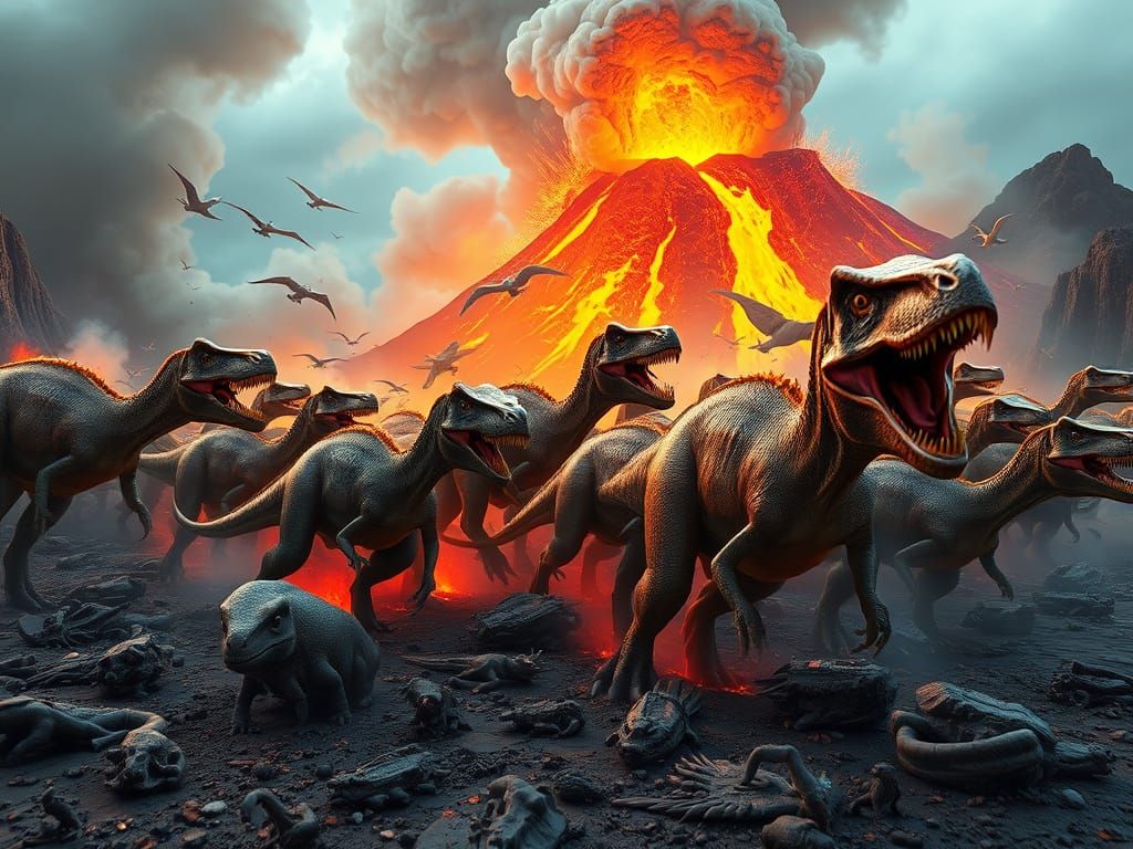 Jurassic Dinosaurs Escape Fiery Volcano in 3D Rendering