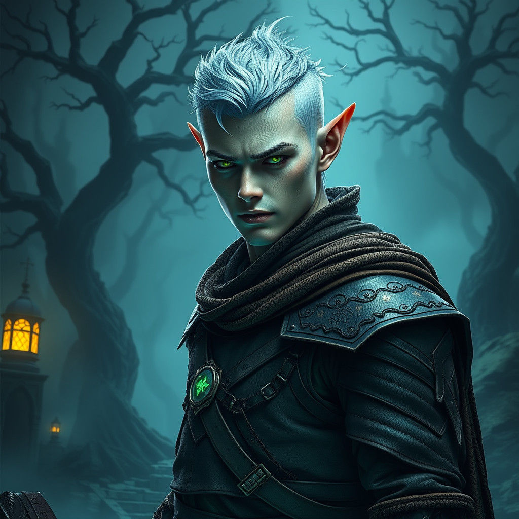 Icy Haired Elf in Mystical Landscape