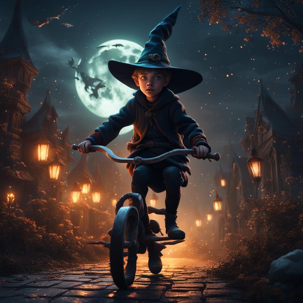 Boy Witch Rides Broom in Dark Night