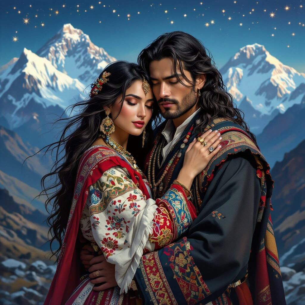Woman in Tibetan Dress Embracing Man, Himalayan Backdrop