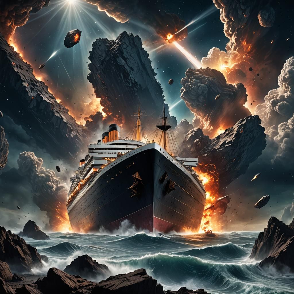 Titanic in Space Hits Asteroid: Epic Digital Painting