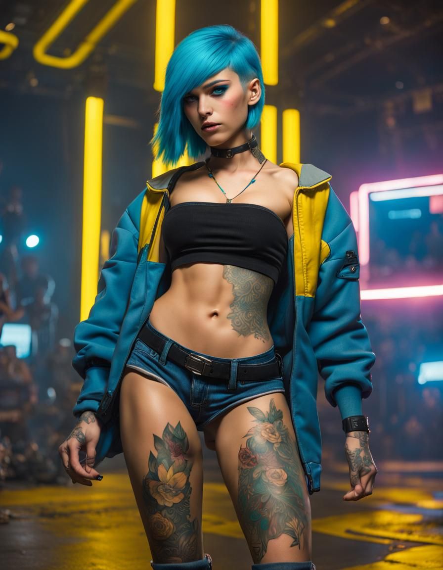 Cyberpunk Girl with Tattoos in Neon Cityscape