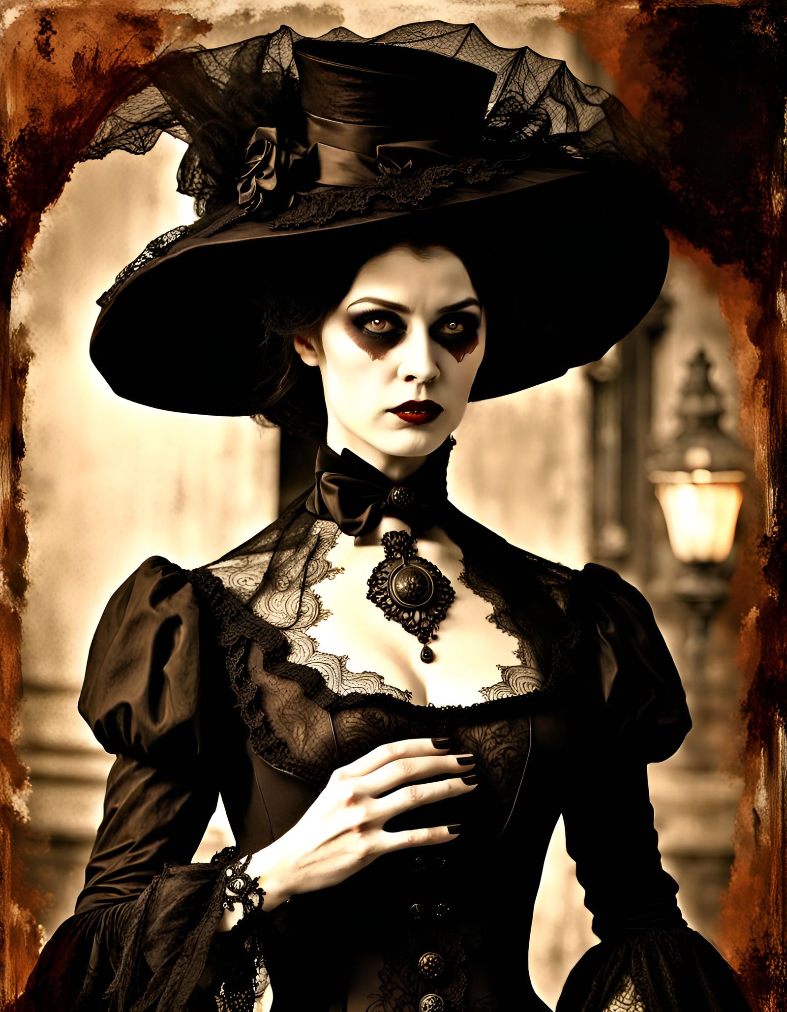 Victorian Vampire Lady in Sepia-Toned Photograph