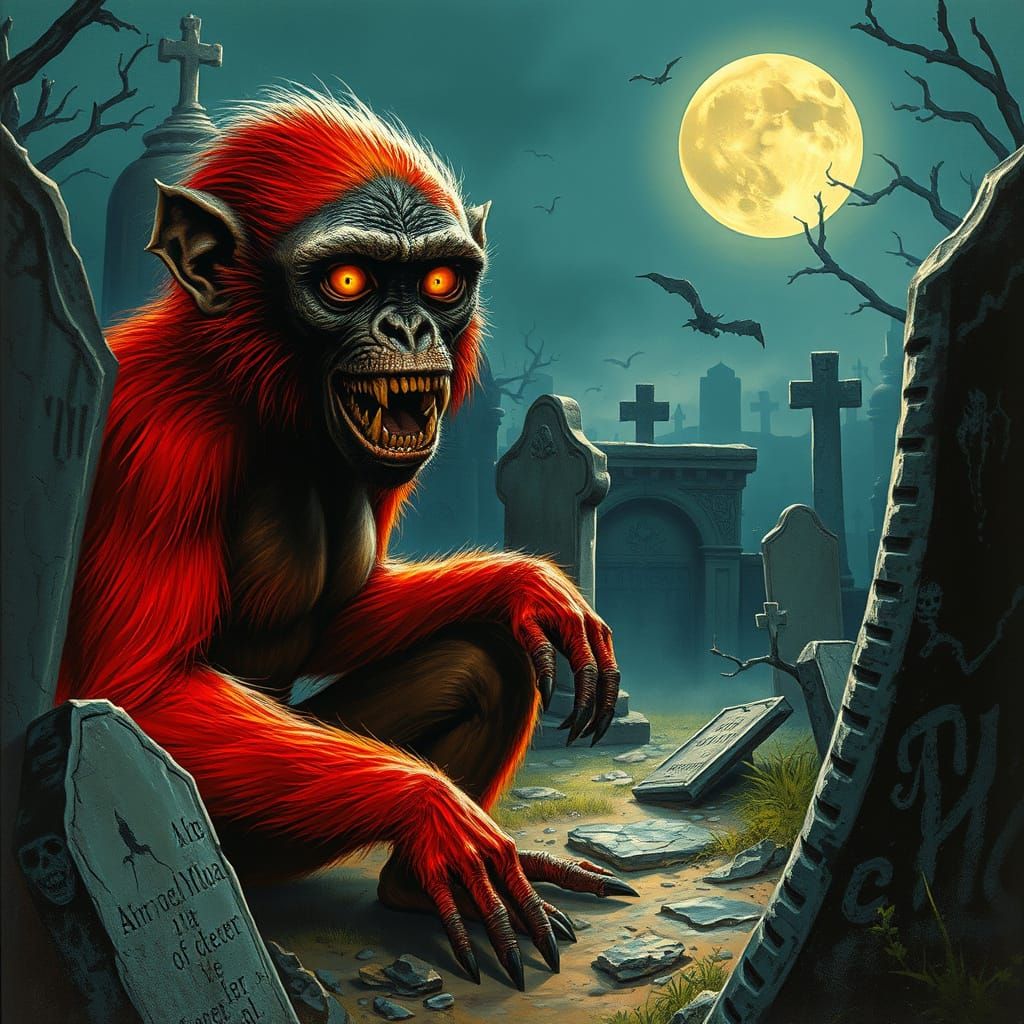 Australopithecus Vampire in Graveyard: Dark Fantasy Art