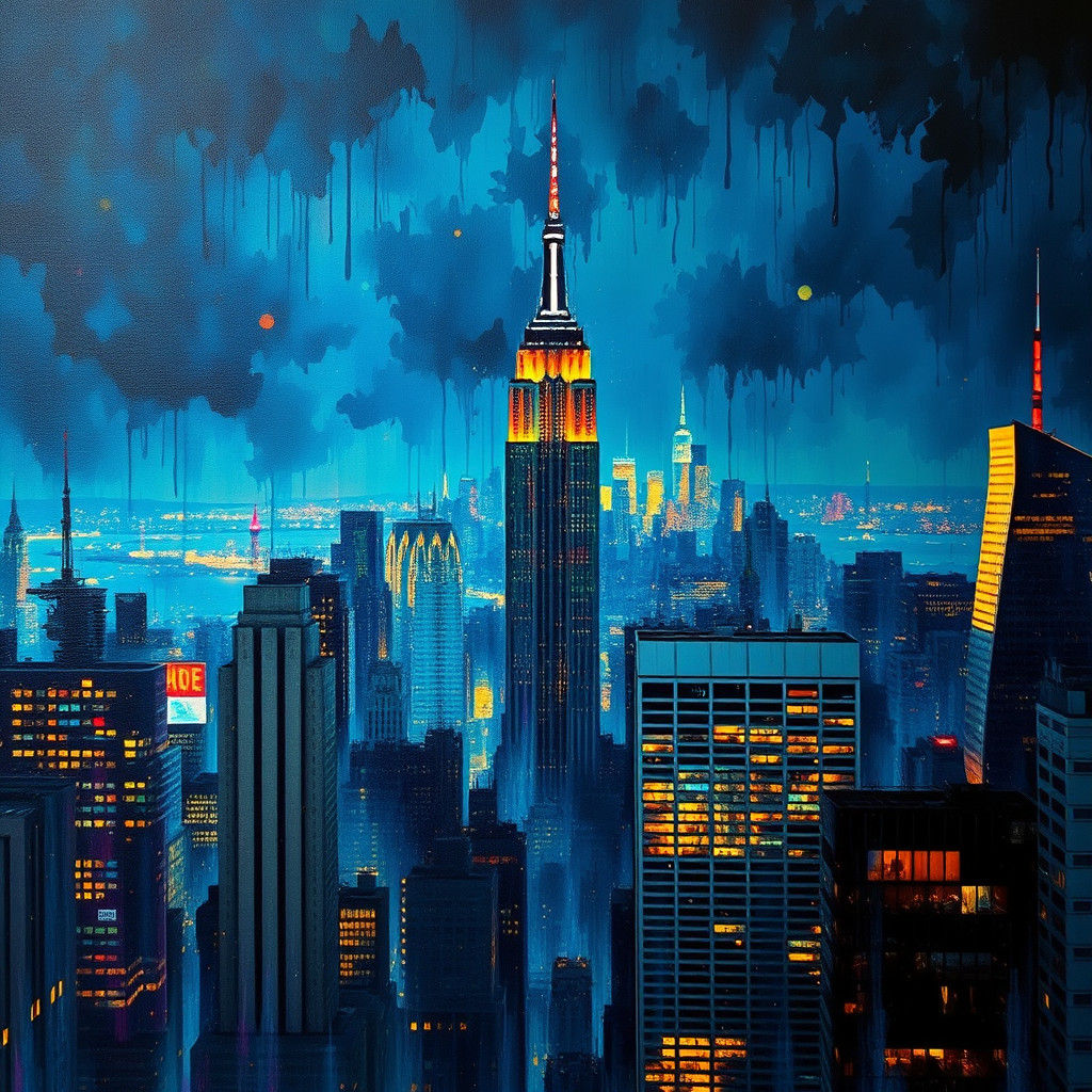 Empire State Building Night Skyline: Acrylic Painting