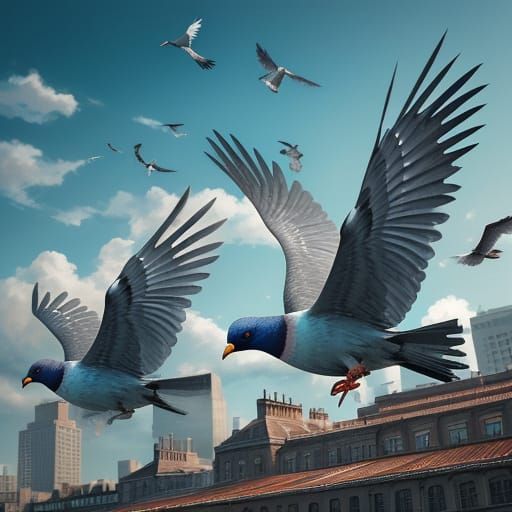 Vibrant Oil Painting of Pigeons in City Park