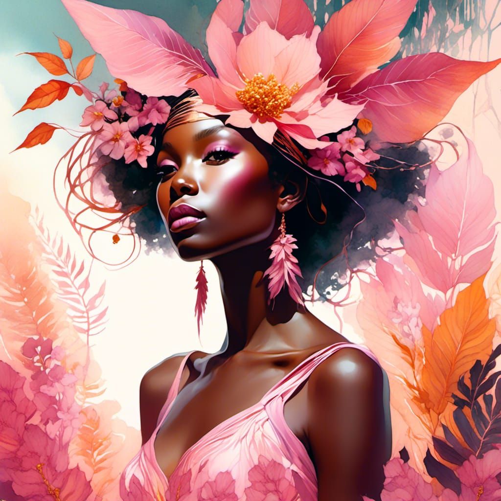 Pink Fairy in Summer Landscape Watercolor