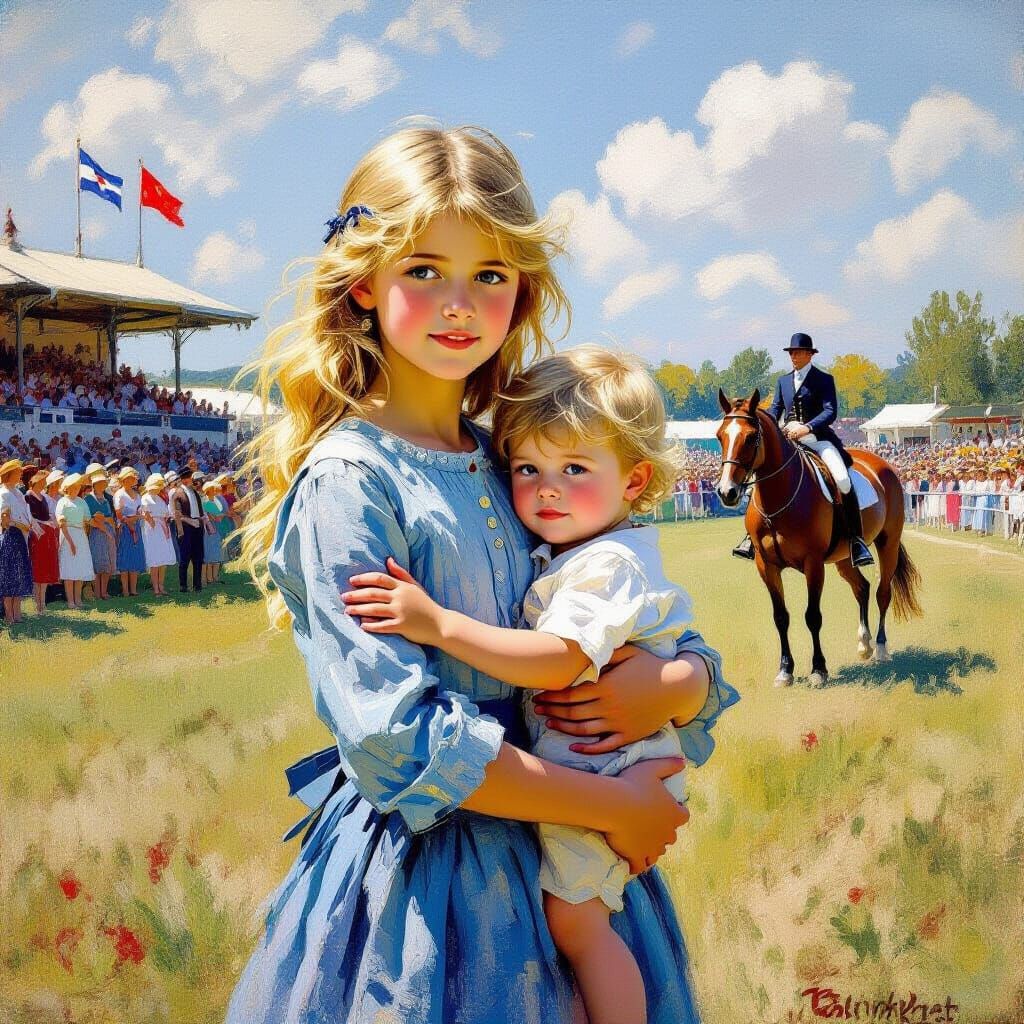 Impressionistic Painting of Girl with Brother at Tournament