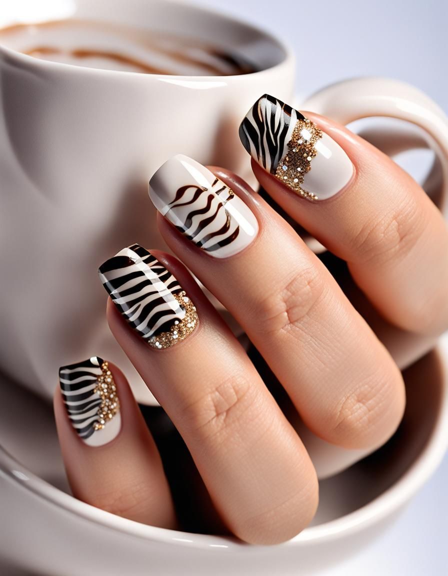Zebra Coffee Cup Nail Art with Glitter Accents