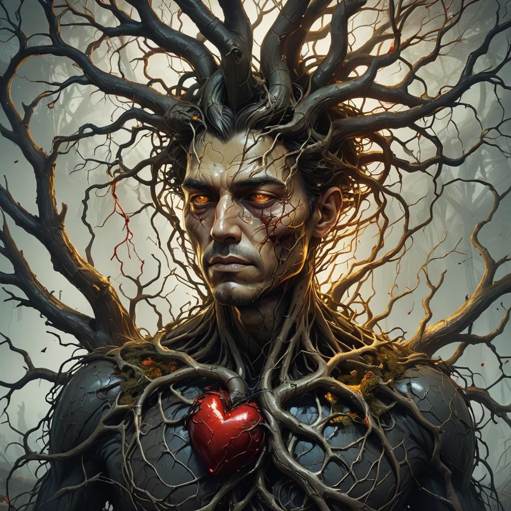 Man Pulling Roots from Transparent Heart, Artgerm Style