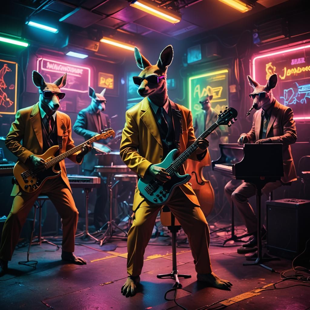 Cyberpunk Kangaroo Jazz Band in Neon Club