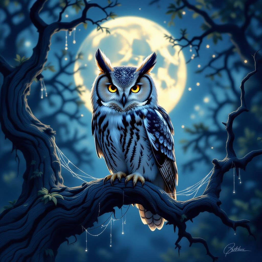 Majestic Owl of Moonlight and Spider Silk in Forest