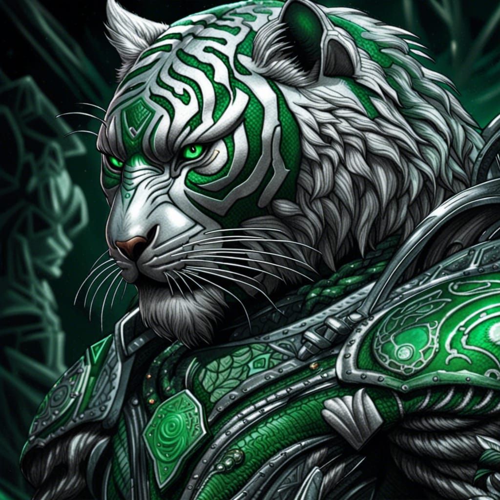Green Tiger Warrior in Silver Armor: Digital Art