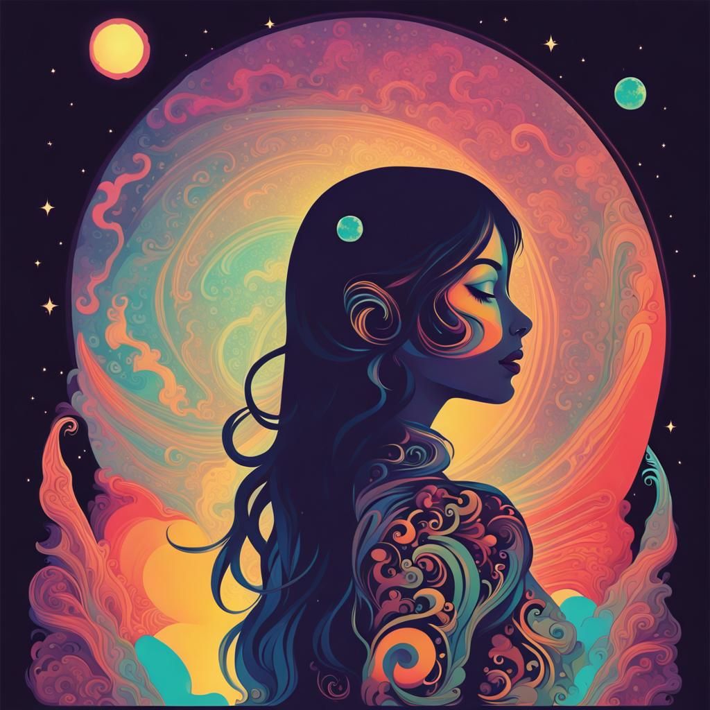 Psychedelic Silhouette: Ethereal Lady Rocketing to the Moon