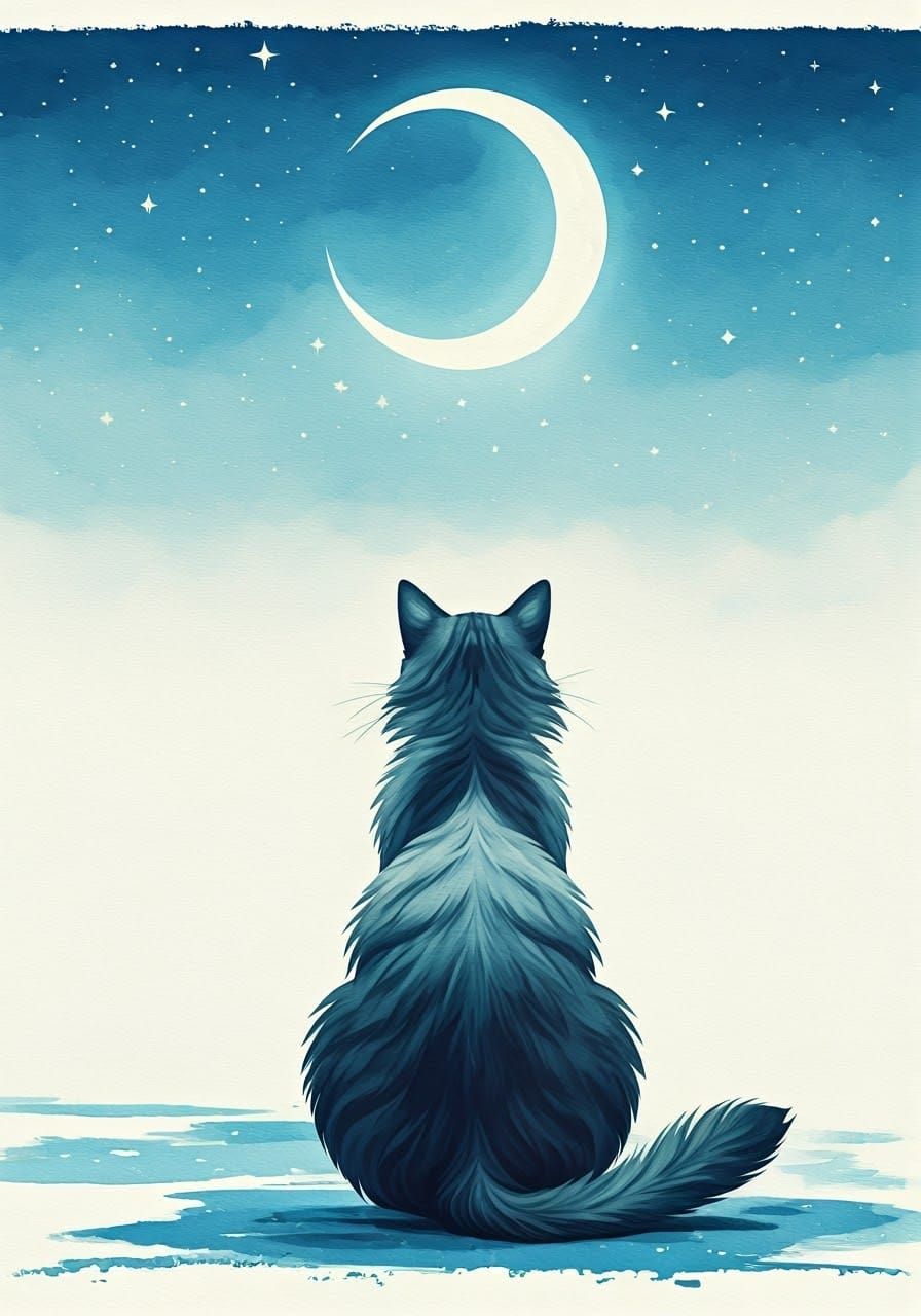 Cat Under Crescent Moon in Watercolor Style