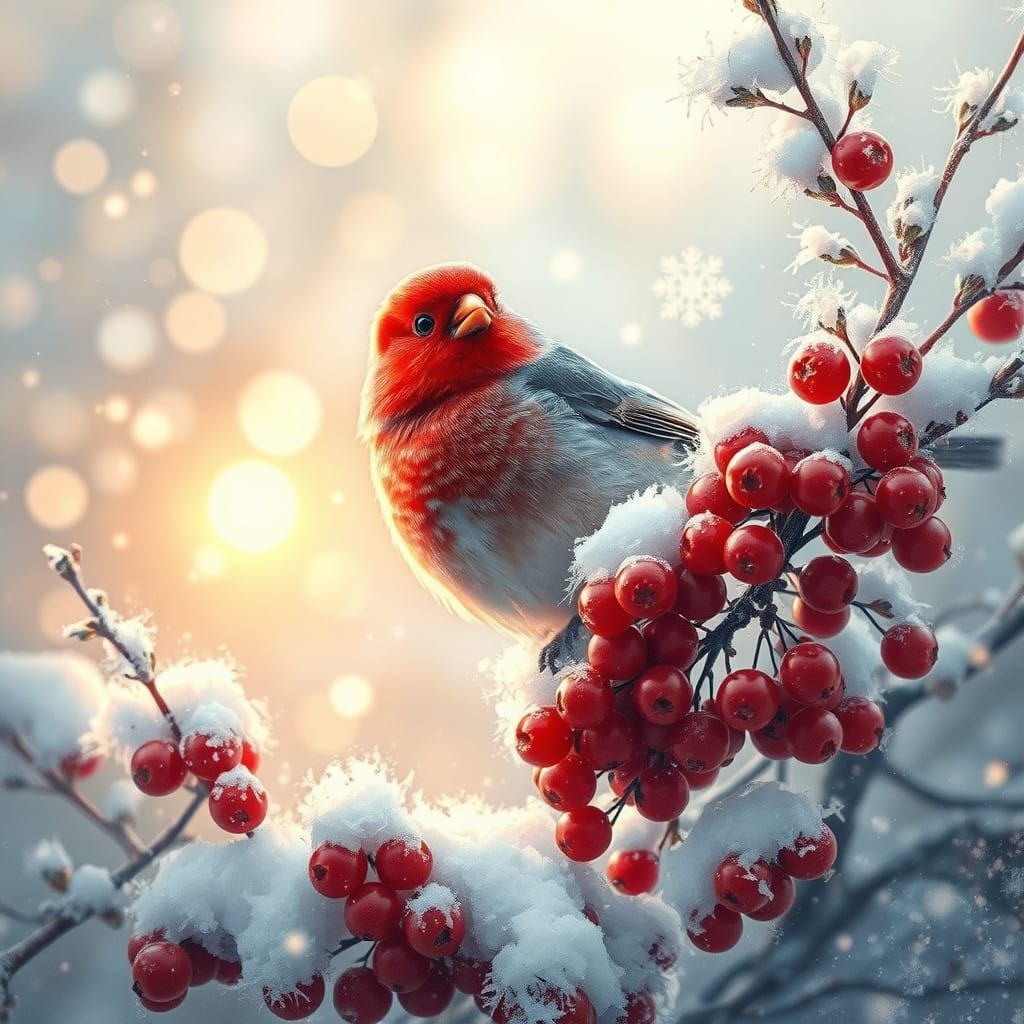 Elegant Woodpecker in a Snowy Bush with Radiant Berries and...